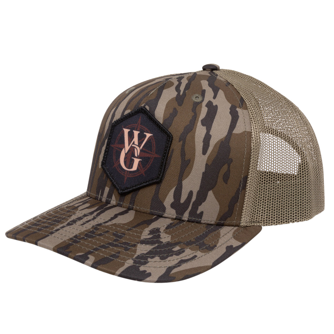 Camo branded trucker hat with dye-sublimated Compass patch