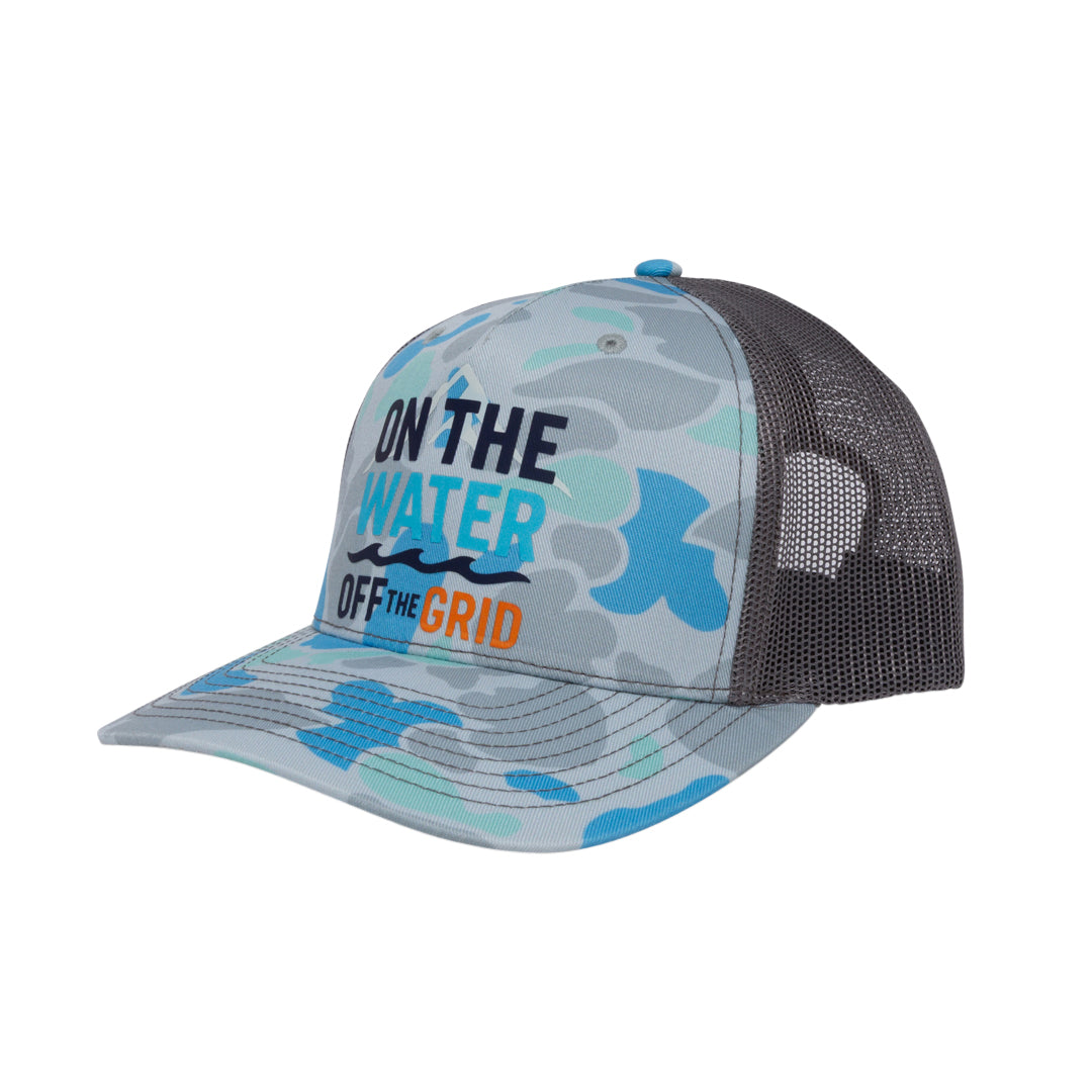 Water camo snapback - On the Water, Off the Grid logo