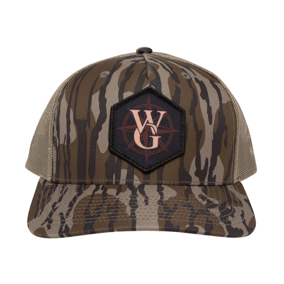 Camo branded trucker hat with dye-sublimated Compass patch