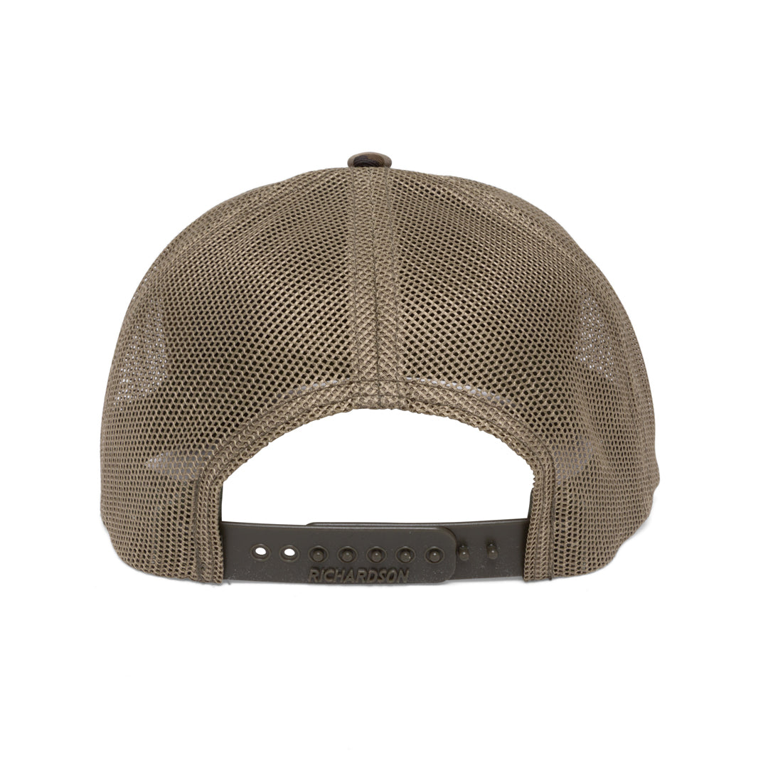 Camo branded trucker hat with dye-sublimated Compass patch