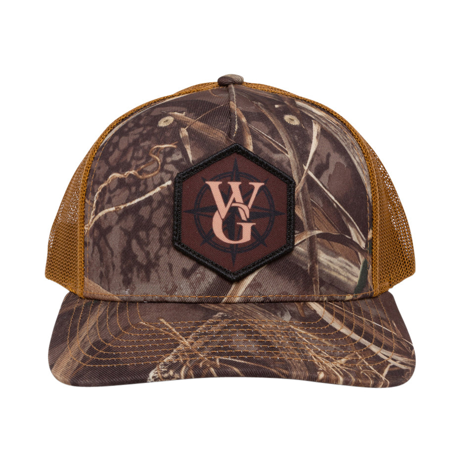 Camo branded trucker hat with dye-sublimated Compass patch
