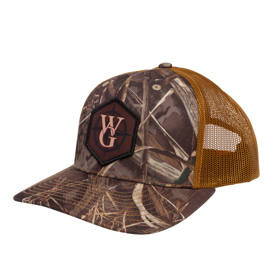 Camo branded trucker hat with dye-sublimated Compass patch