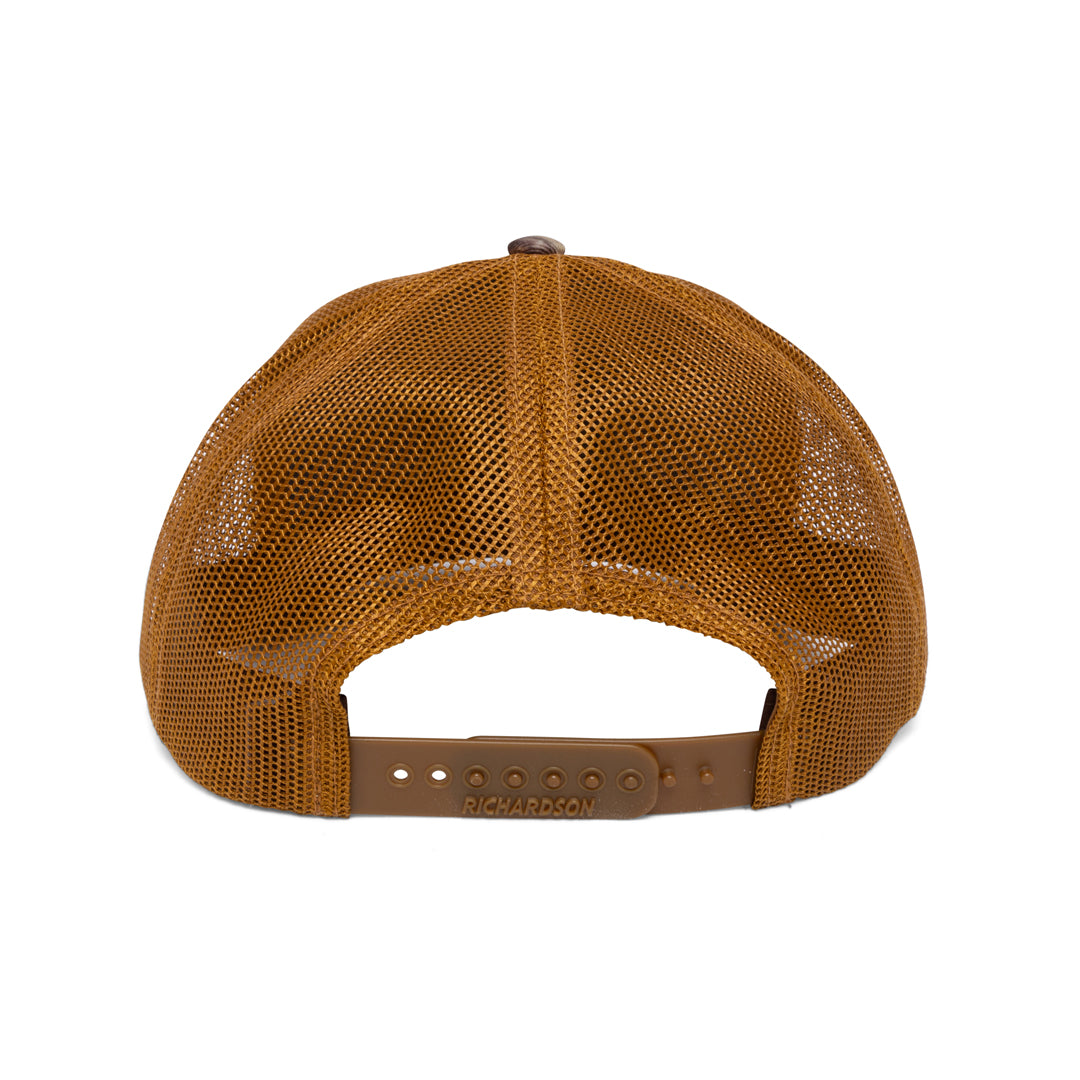 Camo branded trucker hat with dye-sublimated Compass patch