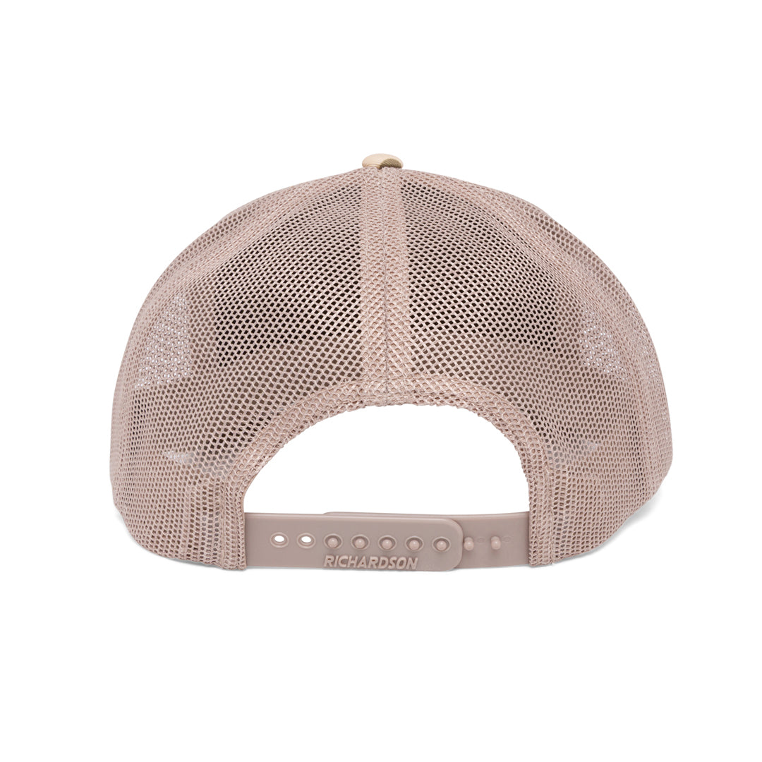 Camo branded trucker hat with genuine leather patch