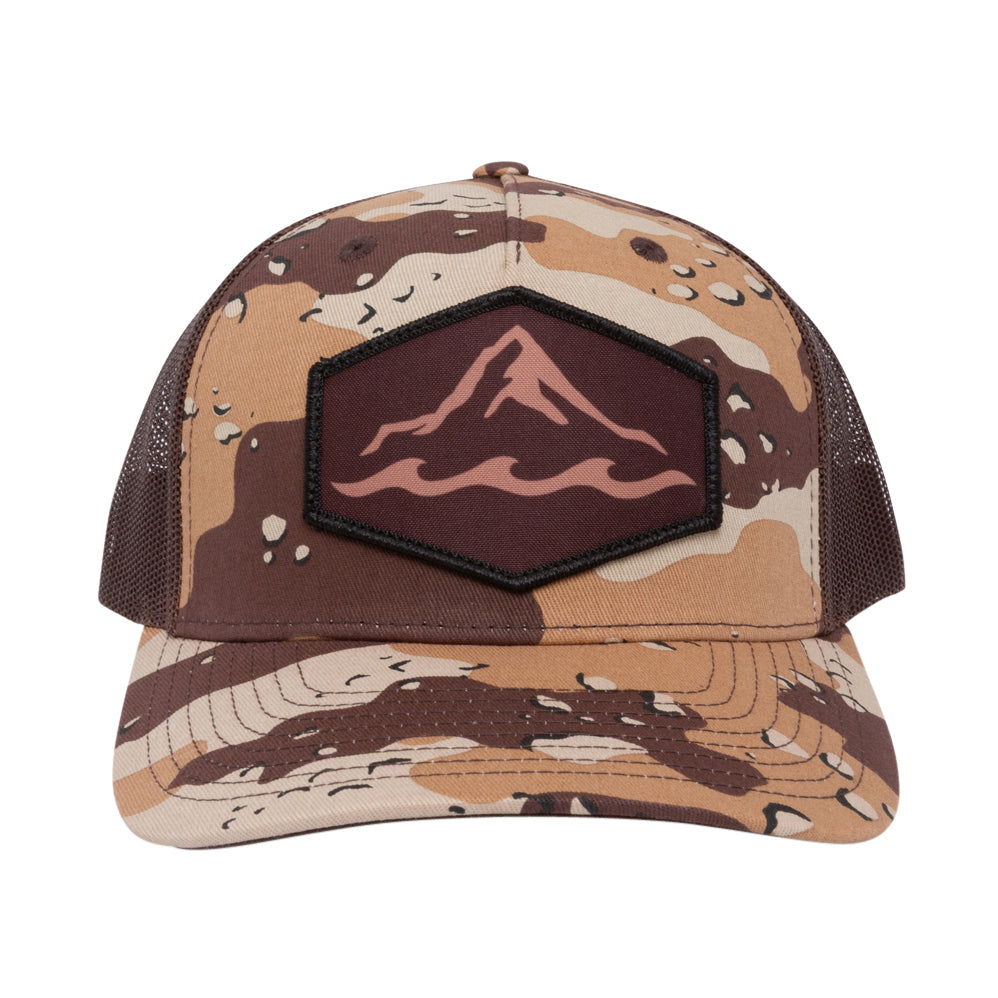 Camo branded trucker hat with dye-sublimated patch