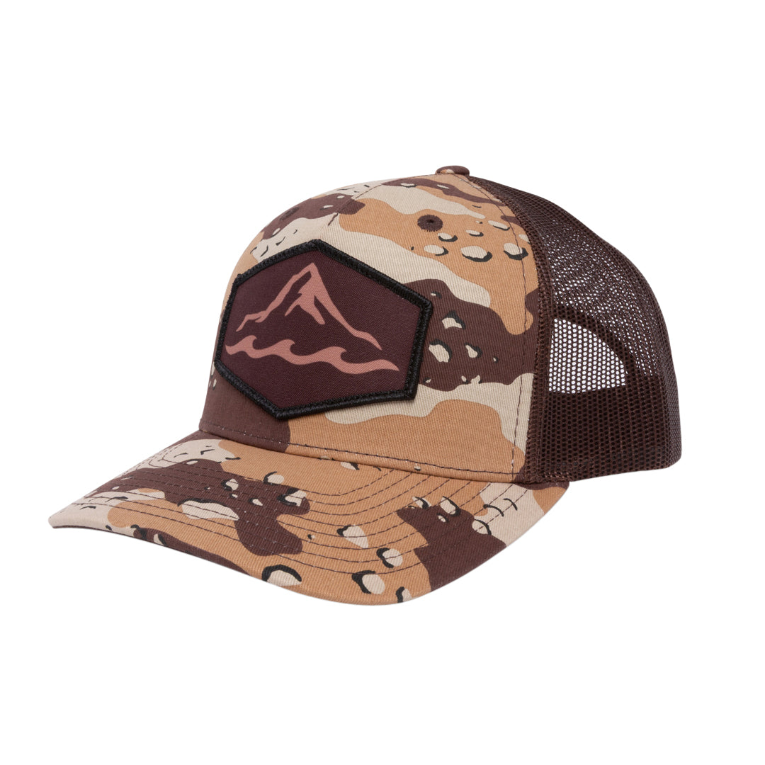 Camo branded trucker hat with dye-sublimated patch