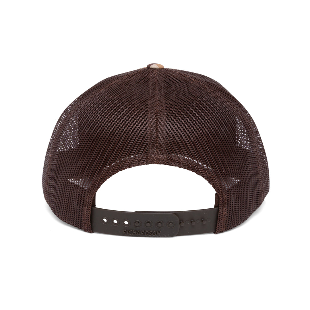 Camo branded trucker hat with dye-sublimated patch