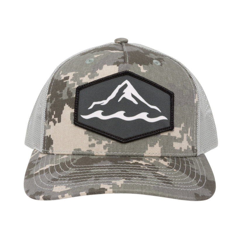 Camo branded trucker hat with dye-sublimated patch