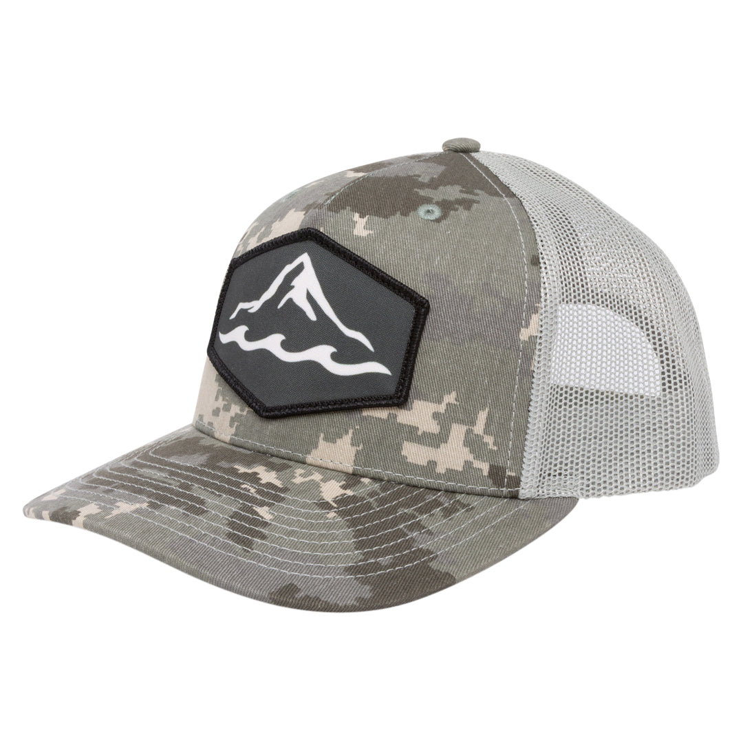 Camo branded trucker hat with dye-sublimated patch