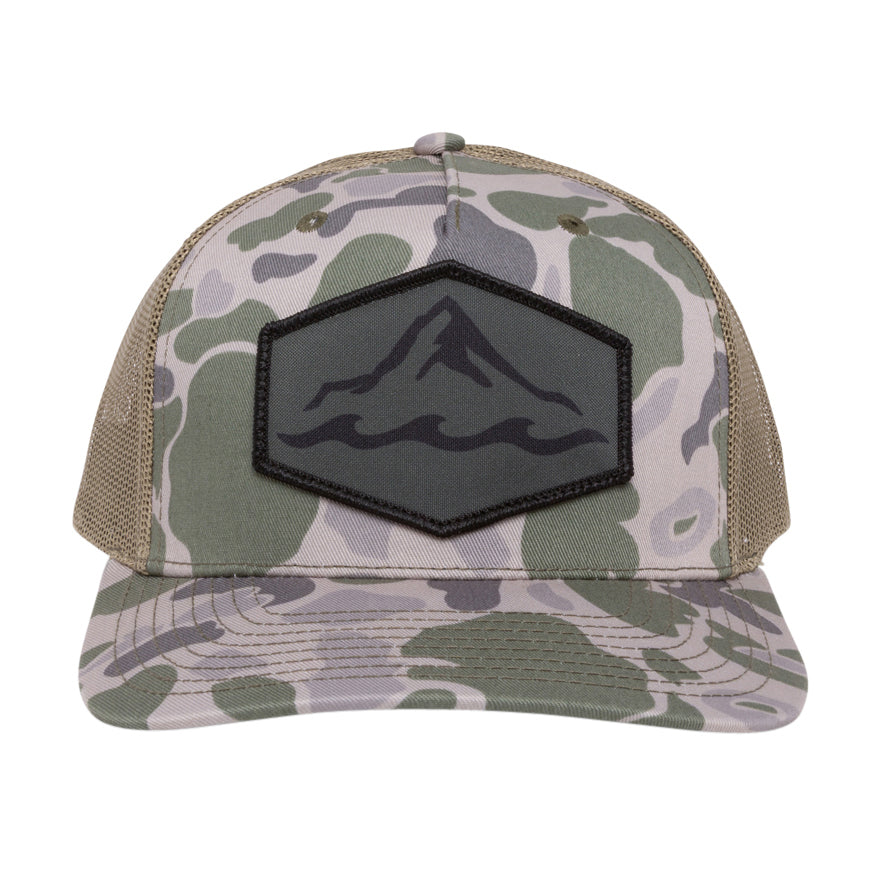 Camo branded trucker hat with dye-sublimated patch