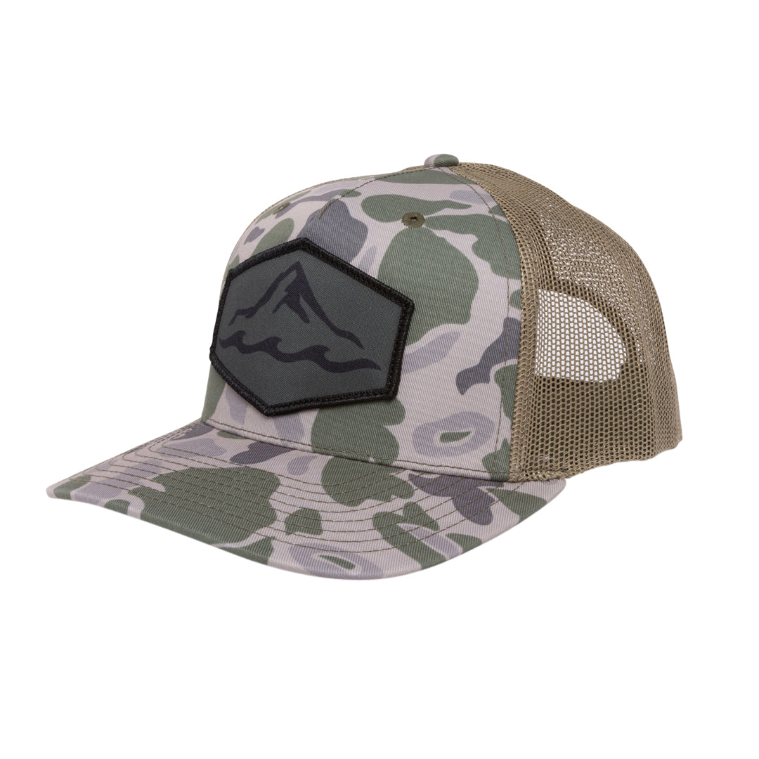 Camo branded trucker hat with dye-sublimated patch