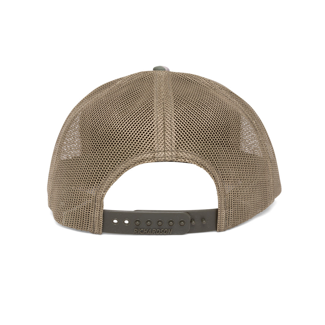 Camo branded trucker hat with dye-sublimated patch