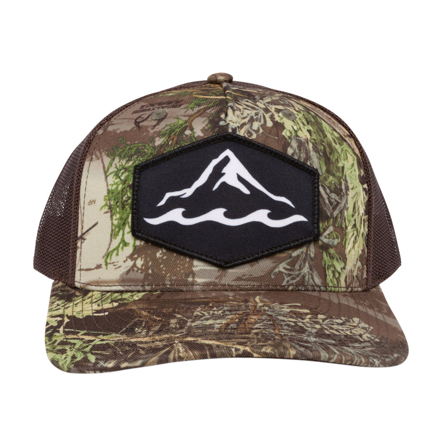 Camo branded trucker hat with dye-sublimated patch