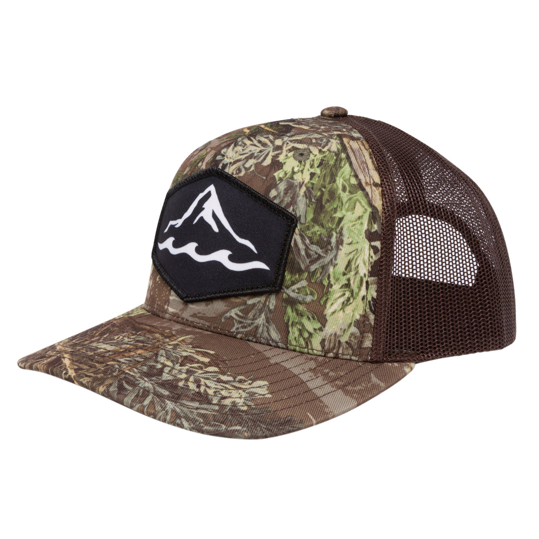 Camo branded trucker hat with dye-sublimated patch