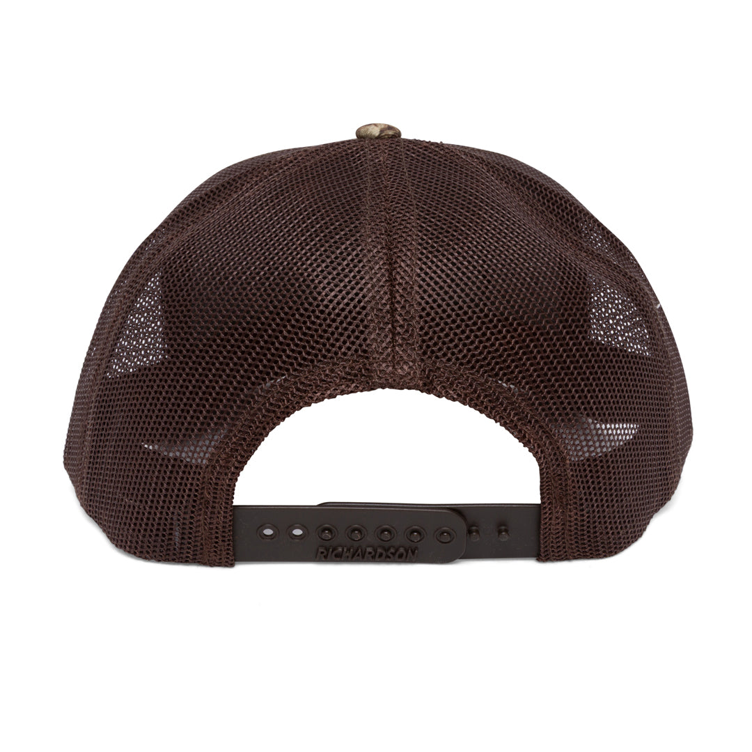 Camo branded trucker hat with dye-sublimated patch