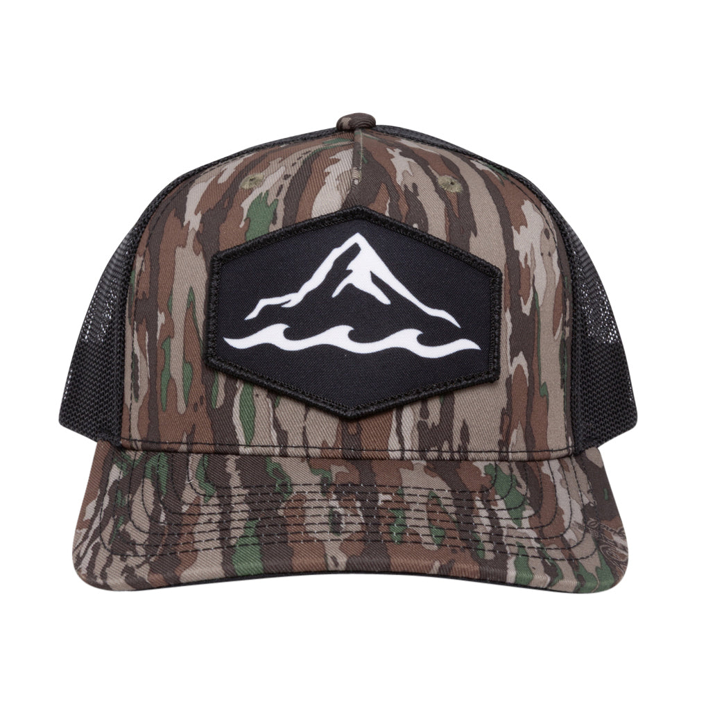 Camo branded trucker hat with dye-sublimated patch