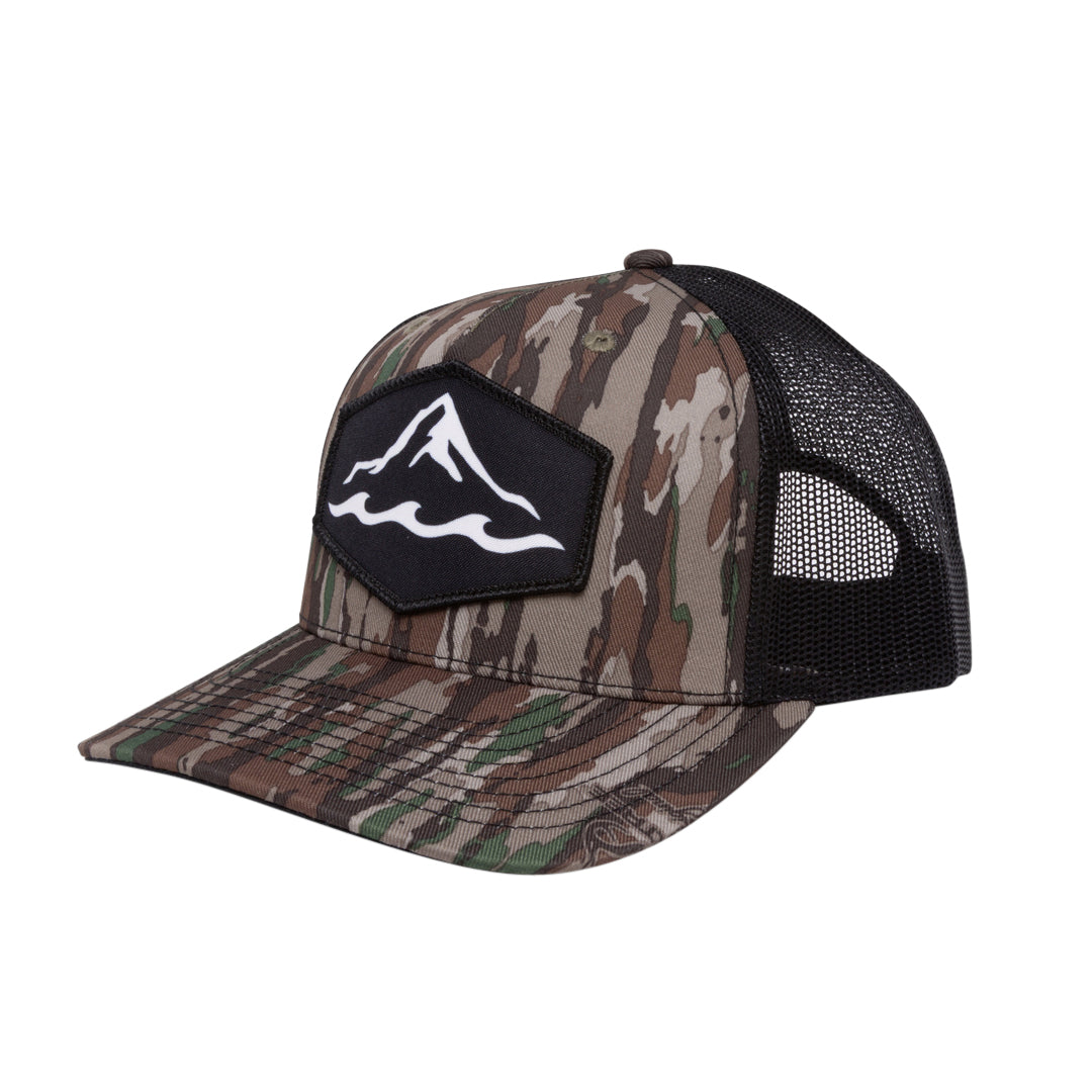 Camo branded trucker hat with dye-sublimated patch