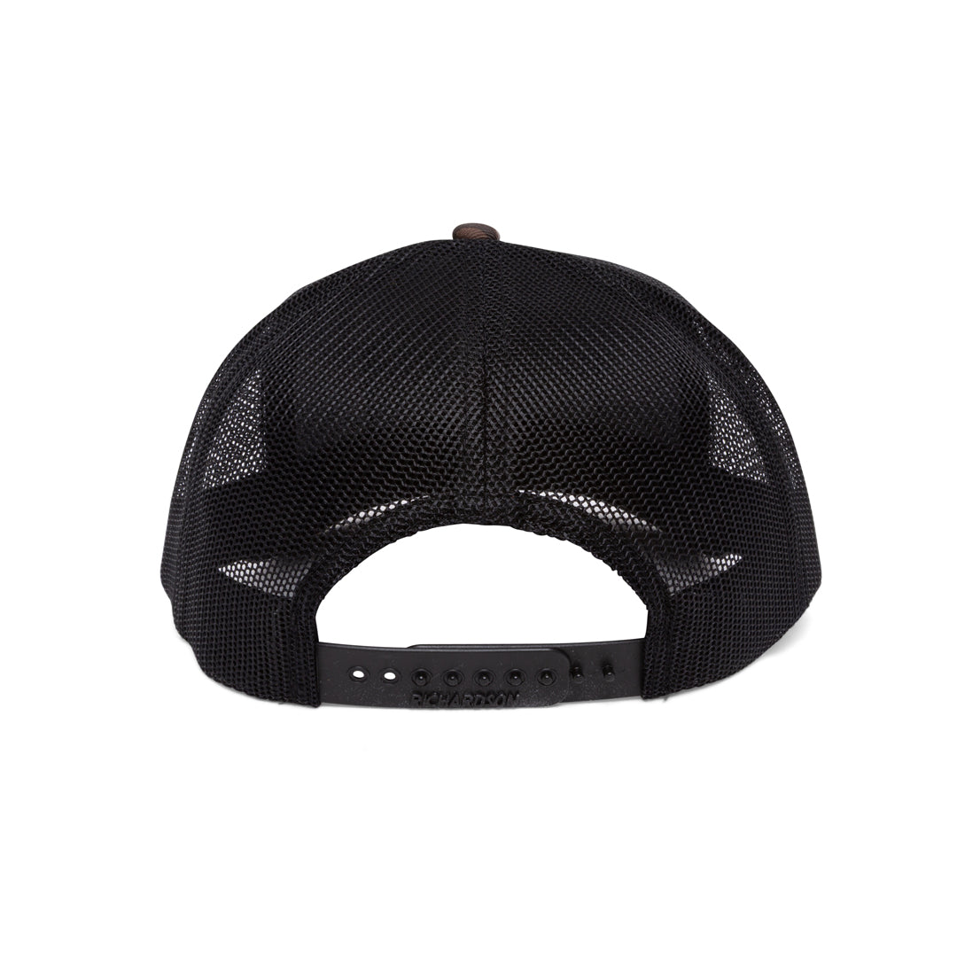 Camo branded trucker hat with dye-sublimated patch