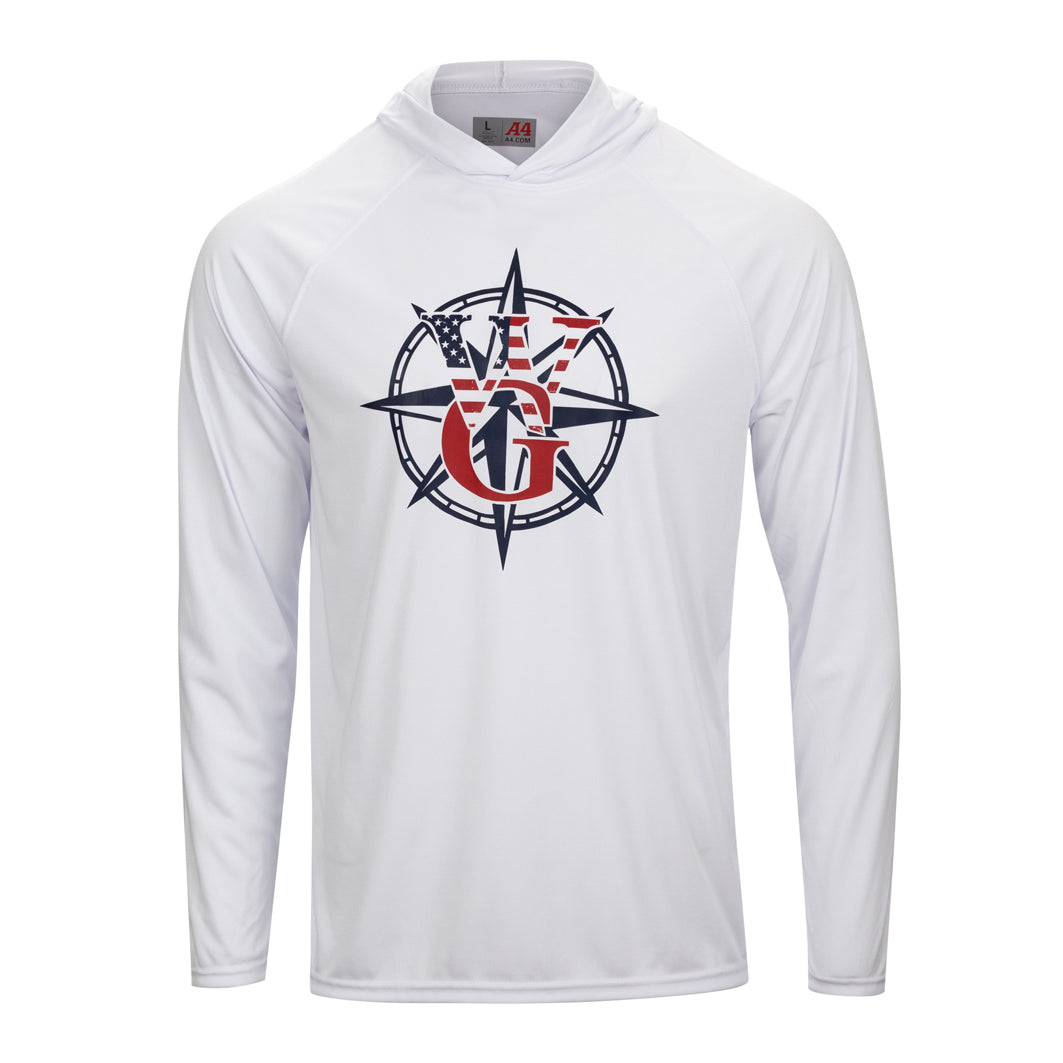 Red, White & Blue branded long sleeve, hooded UPF Shirt, Unisex