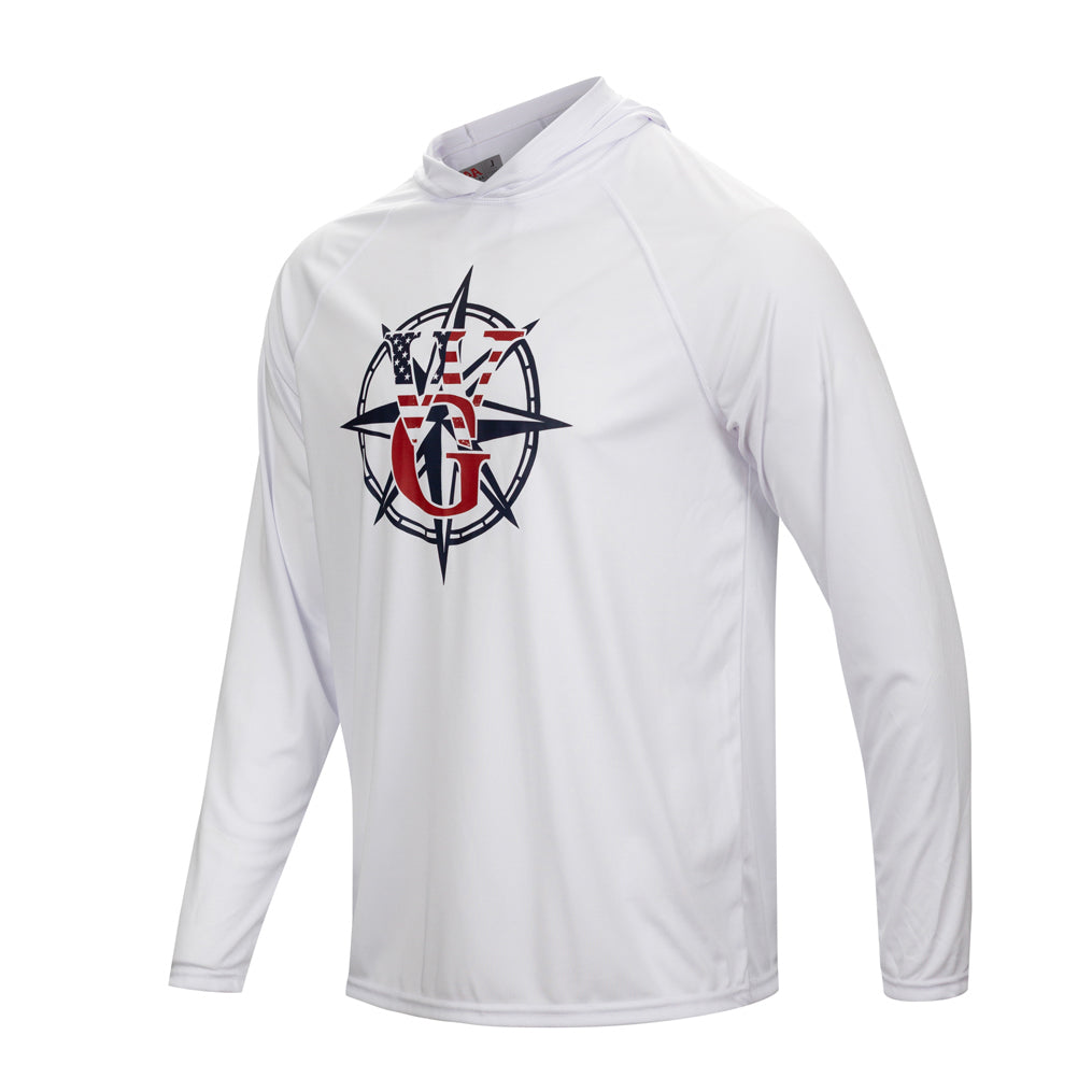 Red, White & Blue branded long sleeve, hooded UPF Shirt, Unisex
