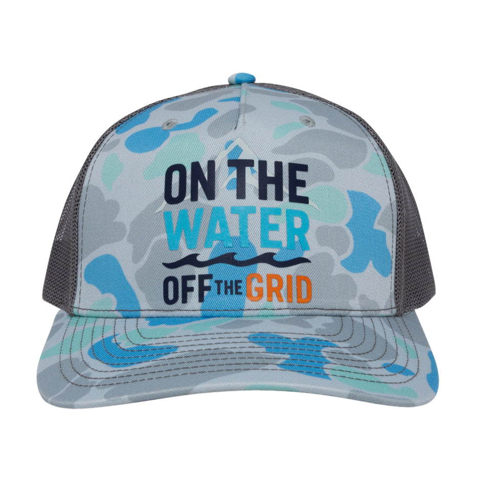 Water camo snapback - On the Water, Off the Grid logo