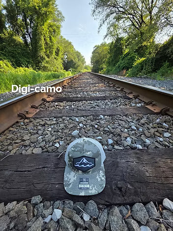 Camo branded trucker hat with dye-sublimated patch